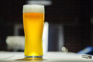 Tall glass of light beer in a brewery