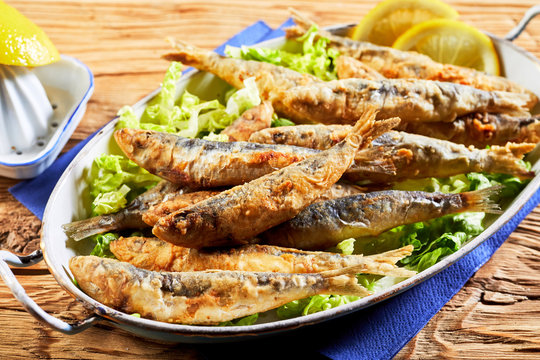 Dish of fried sardines, pilchards or anchovies