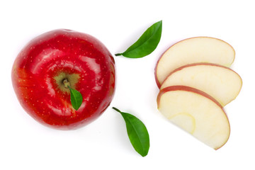 red apples with slices and leaves isolated on white background top view. Set or collection. Flat lay pattern