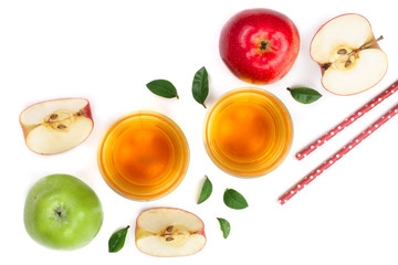 apple with juice and leaves isolated on white background top view. Flat lay pattern