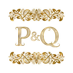 P and Q vintage initials logo symbol. The letters are surrounded by ornamental elements. Wedding or business partners monogram in royal style.