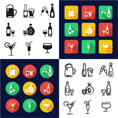 Alcoholic Drinks All in One Icons Black & White Color Flat Design Freehand Set
