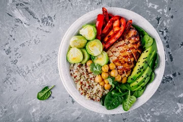 Acrylic prints Product Range Vegetable bowl lunch with grilled chicken and quinoa, spinach, avocado, brussels sprouts, paprika and chickpea