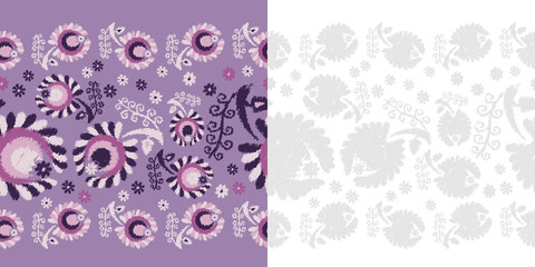 Fototapeta na wymiar Set of 2 Seamless floral pattern. Flowers background. Embroidery on fabric. Scribble texture. Textile rapport.