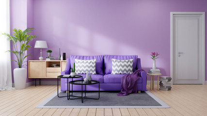 Cozy purple living room interior decorated,Ultraviolet home decor concept ,3d render