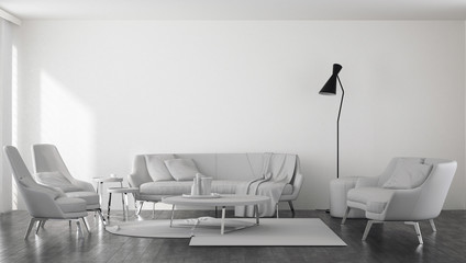Sofas with armchairs in spacious minimalist room