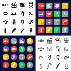 Adult Movie All in One Icons Black & White Color Flat Design Freehand Set