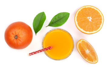 orange juice glass with slices of citrus and green leaves isolated on white background, top view. Flat lay pattern