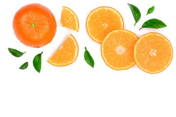 orange or tangerine with leaves isolated on white background with copy space for your text. Flat lay, top view