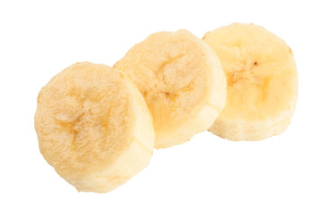 Banana slices isolated on a white background. Flat lay, top view