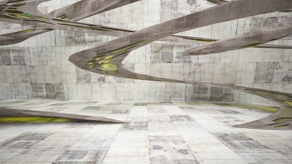 Abstract white and concrete interior  with glossy green lines. 3D illustration and rendering.