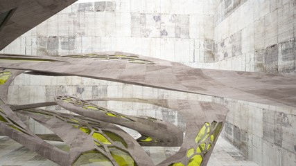 Abstract white and concrete interior  with glossy green lines. 3D illustration and rendering.