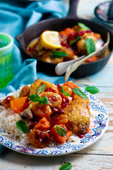 chicken  legs with pumpkins and dried apricots.