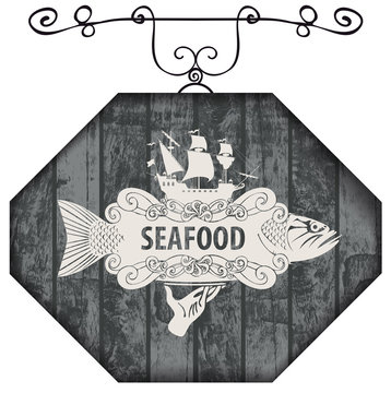 Vector street sign or banner for seafood restaurant or shop with a picture of a hand with a tray on which is a big fish and sailing ship on a wooden background in retro style.