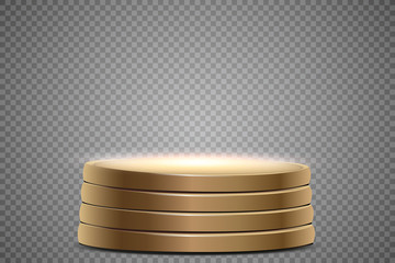 Round podium, pedestal or platform illuminated by spotlights on white background. Stage with scenic lights. Vector illustration.