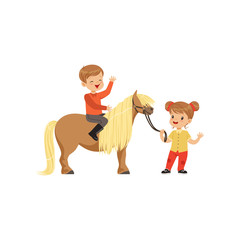 Cute little boy jockey sitting on pony horse, beautiful girl leading horse by the bridle, childrens equestrian sport vector Illustration