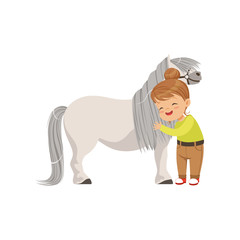 Lovely little girl hugging pony horse, kid taking care of her animal vector Illustration