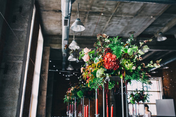 decorated the table with flowers, top view, light, and shadow