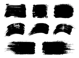 Vector black paint, ink vector brush stroke, brush, frame or texture. Grunge paintbrushes, backgrounds, ink boxes. Banner, shape, logo, icon, label, sticker and badge set. Blank design elements.