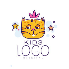 Kids logo original, creative concept template, design element with cute cat colorful hand drawn vector Illustration
