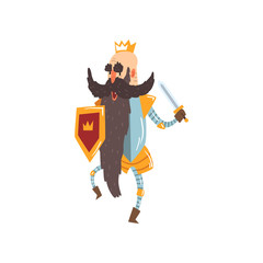 Funny bald king character holding sword and shield cartoon vector Illustration