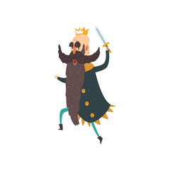 Funny king character running with sword cartoon vector Illustration