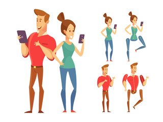 Man and woman character constructor with various hairstyles and gestures. Cartoon style, flat vector illustration.