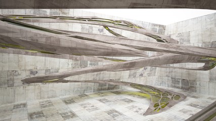 Abstract white and concrete interior  with glossy green lines. 3D illustration and rendering.