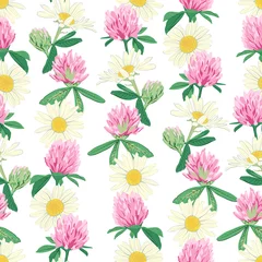 Foto op Plexiglas Floral seamless pattern with red clover and camomile. © Aleksa Mikhailechko