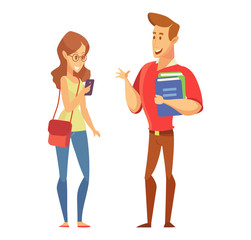 Male and female students. Young People talking to each other. Discussion, exchange of ideas. Vector set of characters. Illustration in a flat style isolated on white.