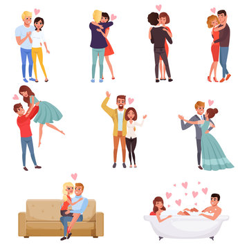 Young men and women characters embracing, dancing and kissing set, happy romantic loving couples cartoon vector Illustrations