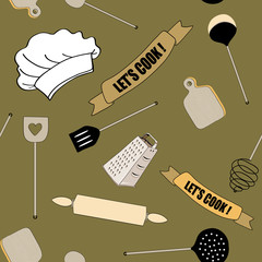 Cooking tools seamless pattern. Vector illustration of  wooden spoon, cutting board, knife and roller on dark  yellow background