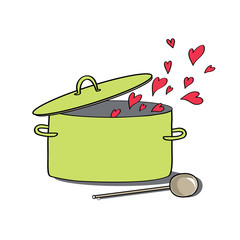 Green kitchen pot with lid. Red hearts flying out from it.  Vector illustration on white background