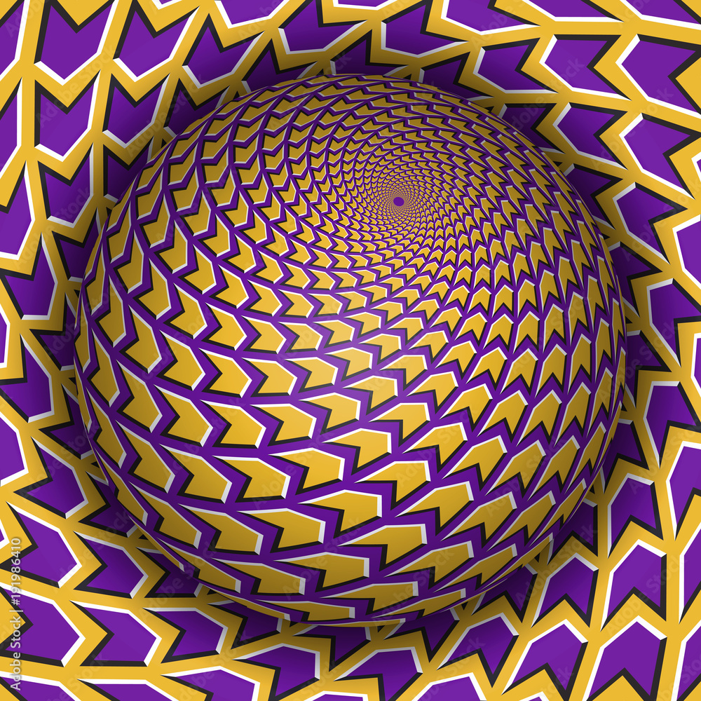 Aufkleber optical illusion vector illustration. sphere soaring above the surface. yellow purple patterned obje