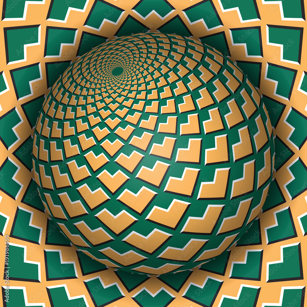 Aufkleber optical illusion vector illustration. sphere soaring above the surface. green orange patterned objec