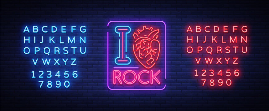 I love rock. Neon sign, bright banner, symbol, poster on the theme of rock n roll music, for a party, concert, festival, musical fest. Vector illustration. Editing text neon sign