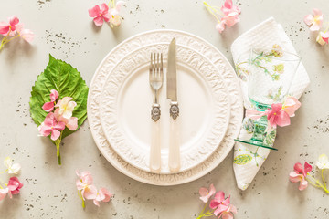 Easter, spring or summer table setting design from above