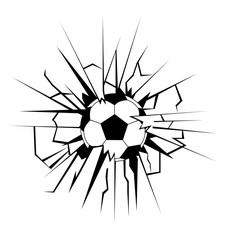 vector illustration with soccer ball coming in cracked wall
