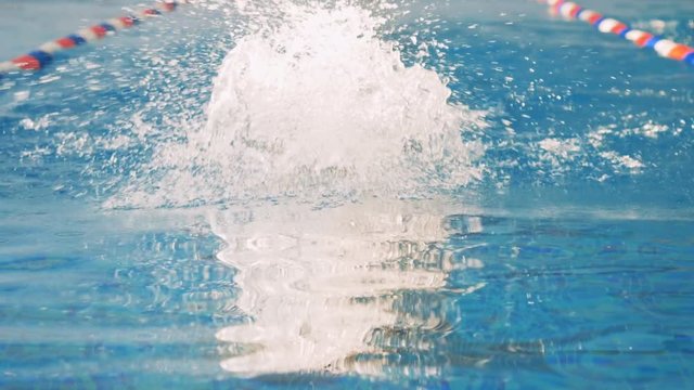 A woman breathes and plunges underwater while swimming butterfly. 