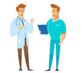 Male Doctors  talking to each other. Discussion, exchange of ideas. Team of medical workers on a white background. Hospital. Vector flat cartoon illustration.