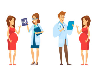 Happy pregnant woman visiting doctors  in a hospital. Doctors  talking with her. Team of medical workers on a white background.  Vector flat cartoon illustration.