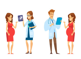 Obraz premium Happy pregnant woman visiting doctors in a hospital. Doctors talking with her. Team of medical workers on a white background. Vector flat cartoon illustration.