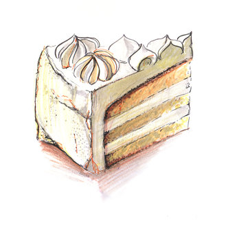 A slice of puff cake with a lot of white cream and biscuit cakes. Hand-drawn illustration of a marker.