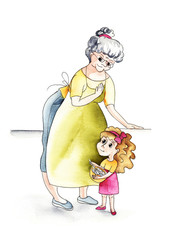 A small, loving girl, the granddaughter with a caring grandmother, is beaten with an egg whisk. Live watercolor illustration. Hand-drawn.