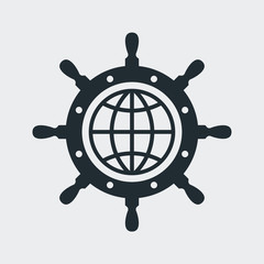 Icono plano esfera mundo en timon en fondo gris