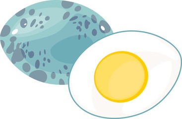 Half boiled quail egg and whole blue egg on white background