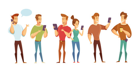 Man and woman use mobile phones and gadgets. Reading a messenger. Vector illustration in a flat style.