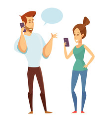 Man and woman use mobile phones and gadgets. Reading a messenger. Vector illustration in a flat style.