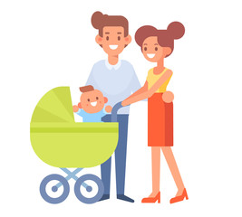 Family together on the Walk. Mom, Dad and  Newborn Baby in a Pram. Vector illustration in a flat style.