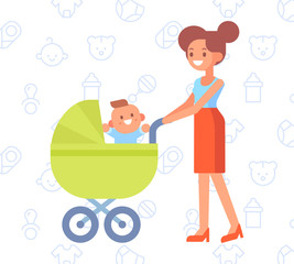 Happy mother on the Walk with  Newborn Baby in a Pram. Vector illustration in a flat style.